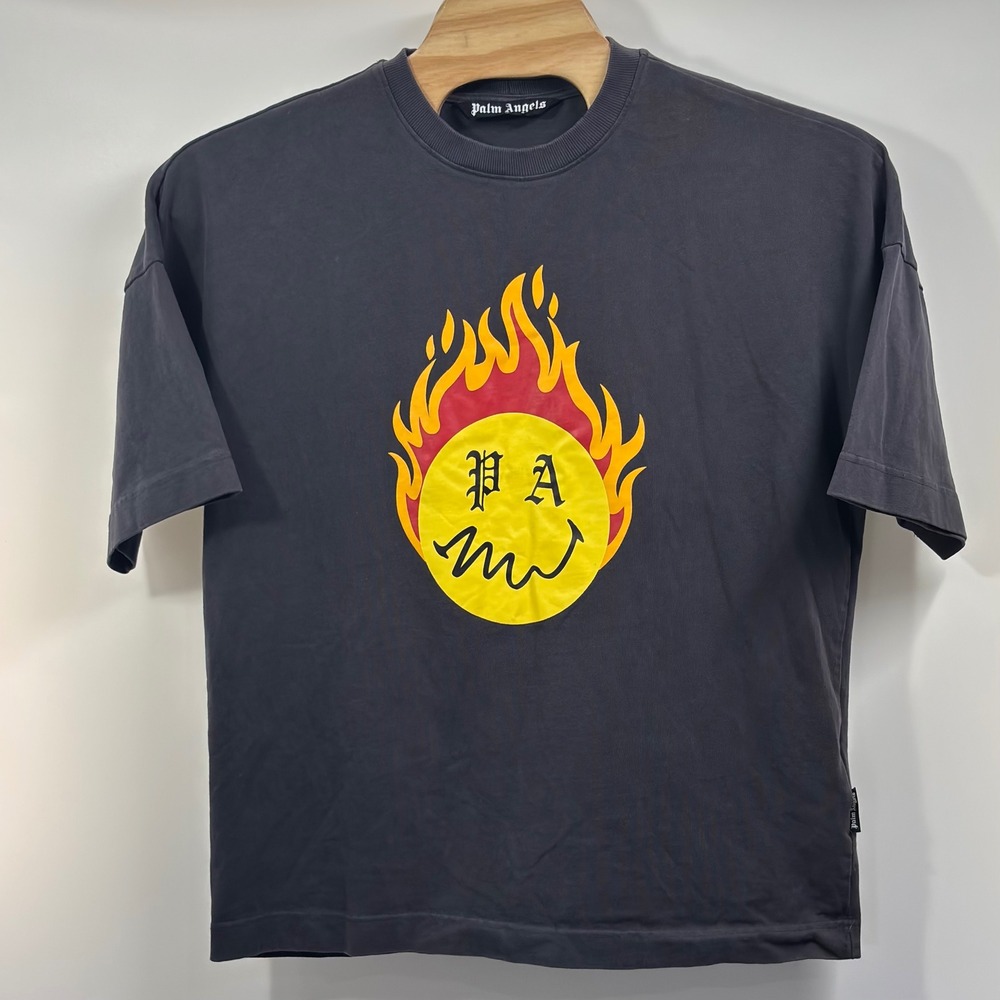 Palm Angels Burning Head Smiley Happy T Shirt Black L Back Logo Made Italy - Picture 4 of 6